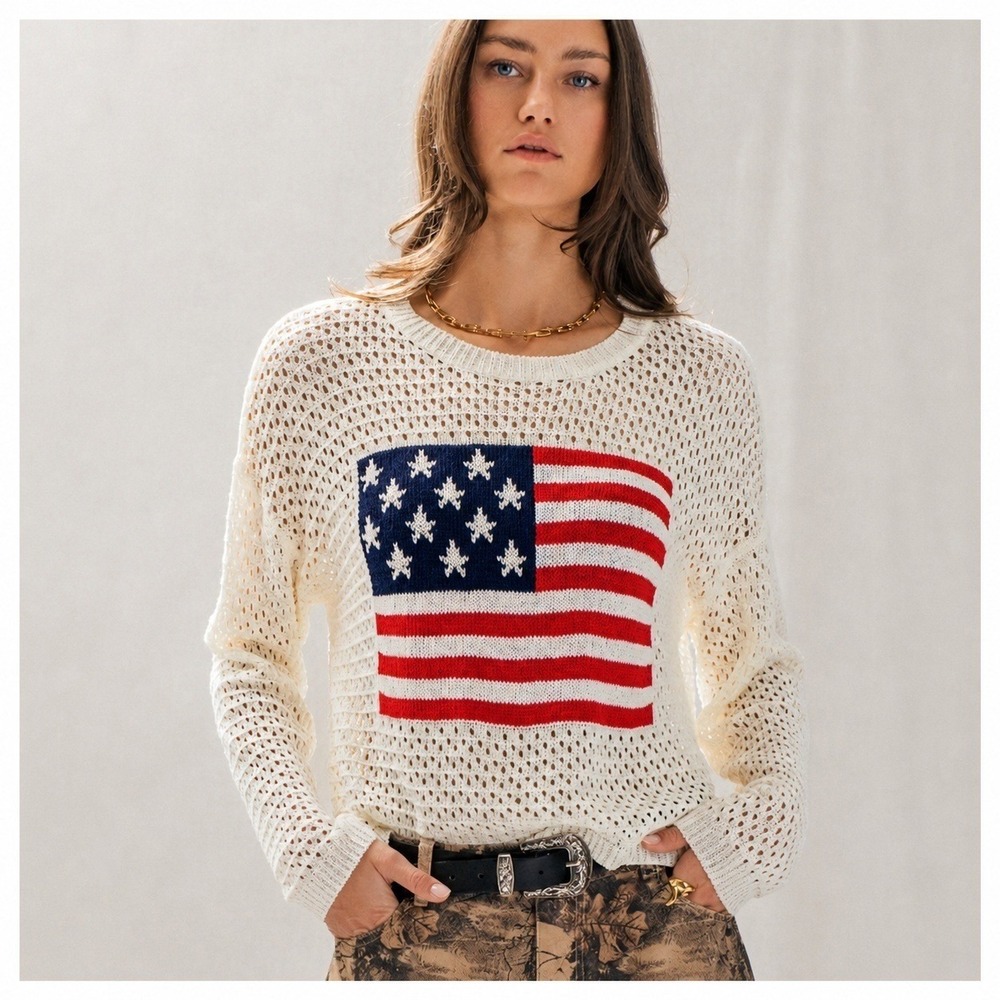 Americana Open Knit Sweater Ivory Crochet Flag Patriotic Pullover Relaxed  S/M
